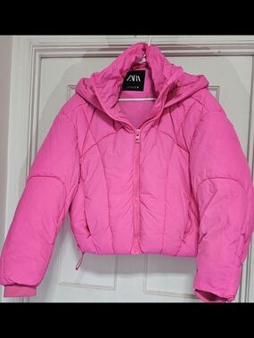 Zara Hot Pink Cropped Hooded Puffer Jacket